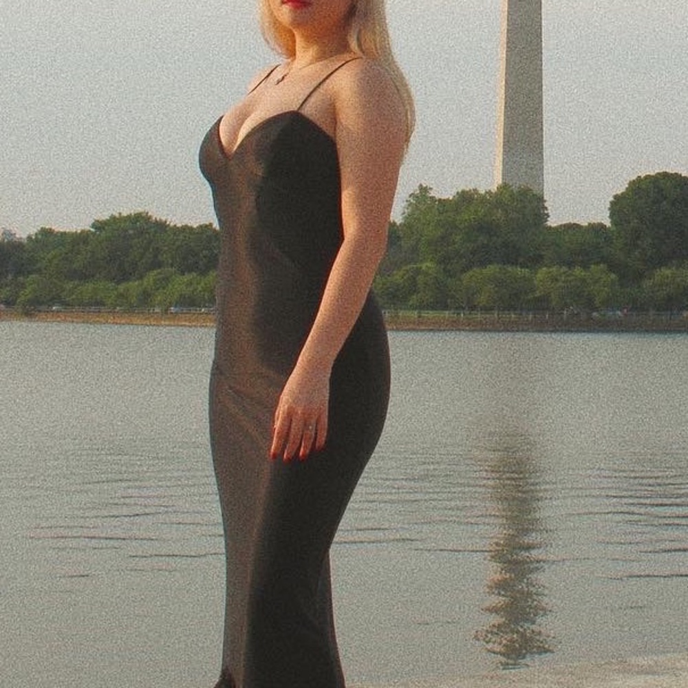 Black Satin Maxi Cocktail Dress with Faux Fur Trim